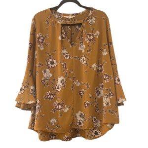 By Together women’s mustard color floral blouse with bell sleeves